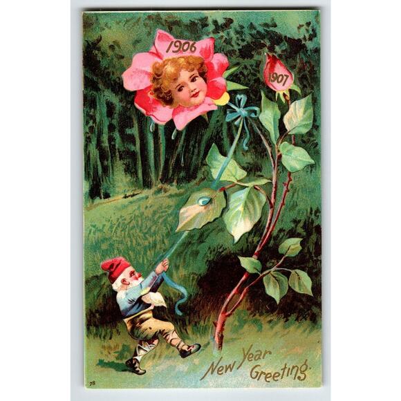New Year Postcard Fantasy Gnome Flower Faced Baby International Art Unposted 78 - Picture 1 of 2